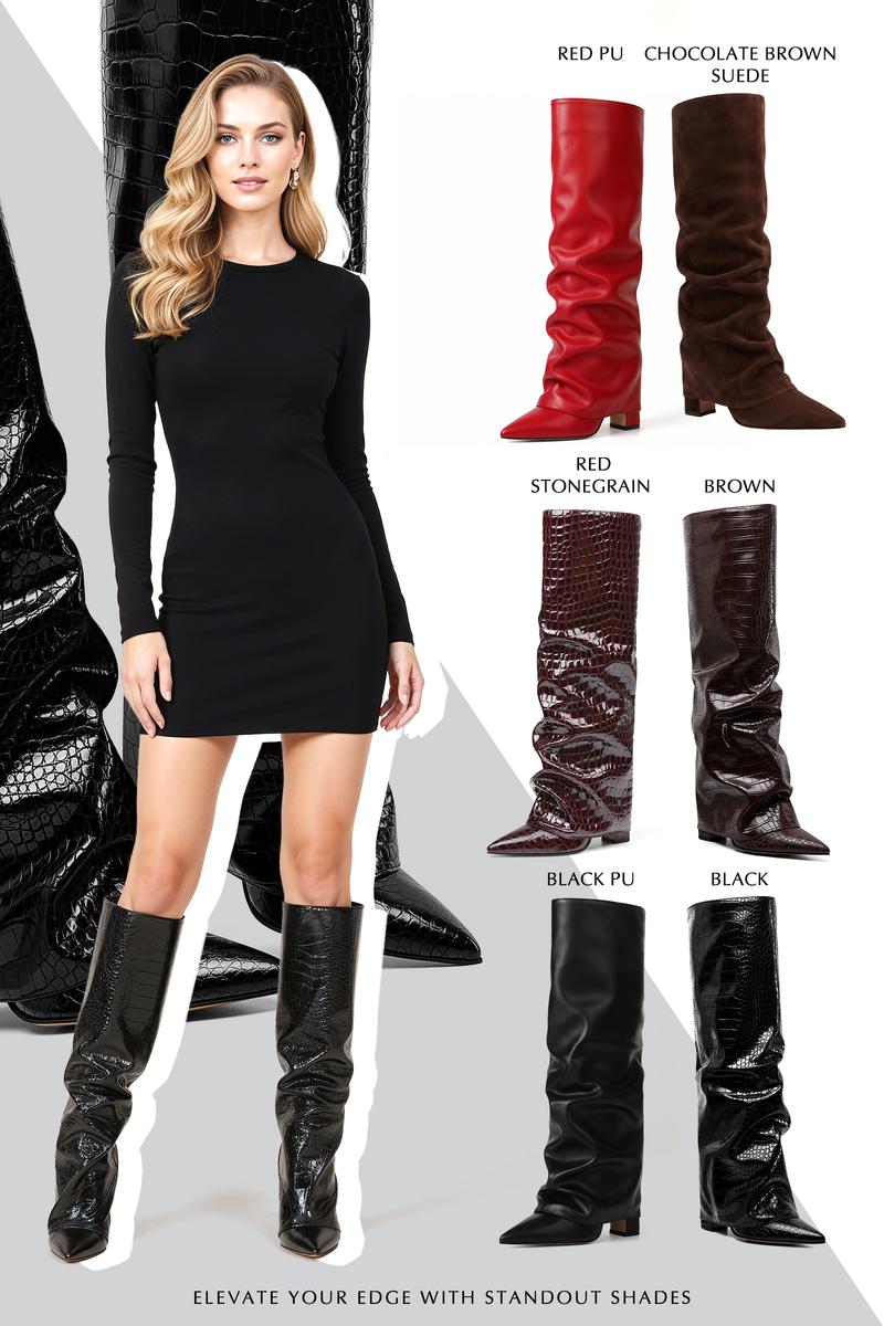 VIMISAOI Fold Over Boots for Women Knee High Boots Block High Heel Almond Pointed Toe Boots Pull on Wide Calf Summer Boots For Women Valentine Shoes