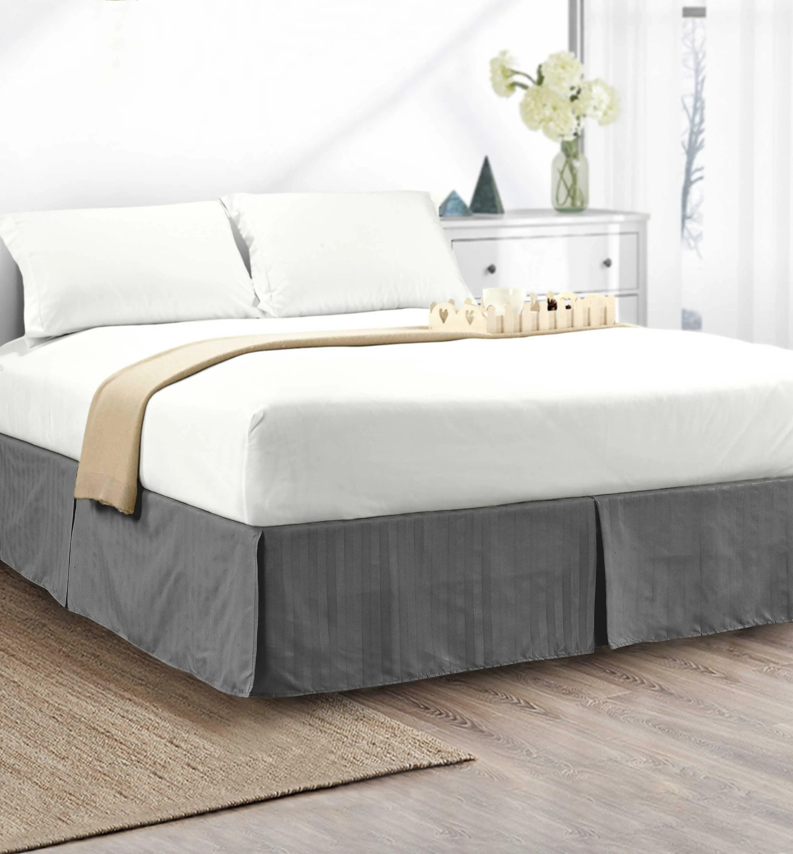 Elegant Comfort Stripe Bed Skirt 1-Piece with 14 Inch Drop - Easy Fit Elastic Wrap Microfiber Bedroom Decor