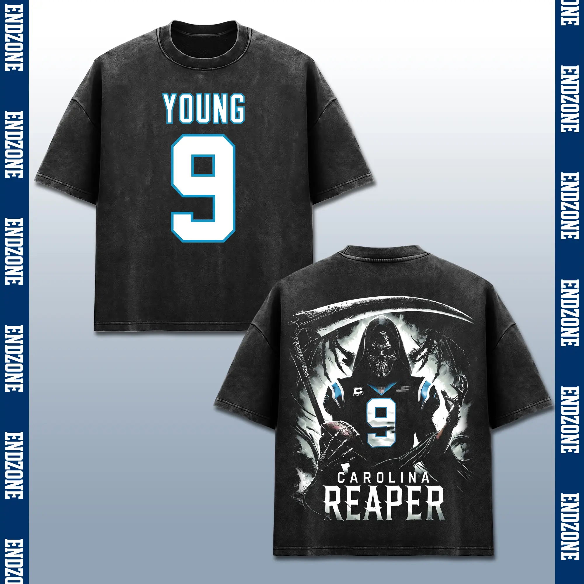 [Endzone] Bryce Young T-Shirt, BY9 Reaper Merch, Panther Team Quarterback Graphic Tee, Heavyweight Vintage Acid Washed Black Shirt, American Football Season 2026 Game Day Top, Unisex Casual Streetwear Clothes