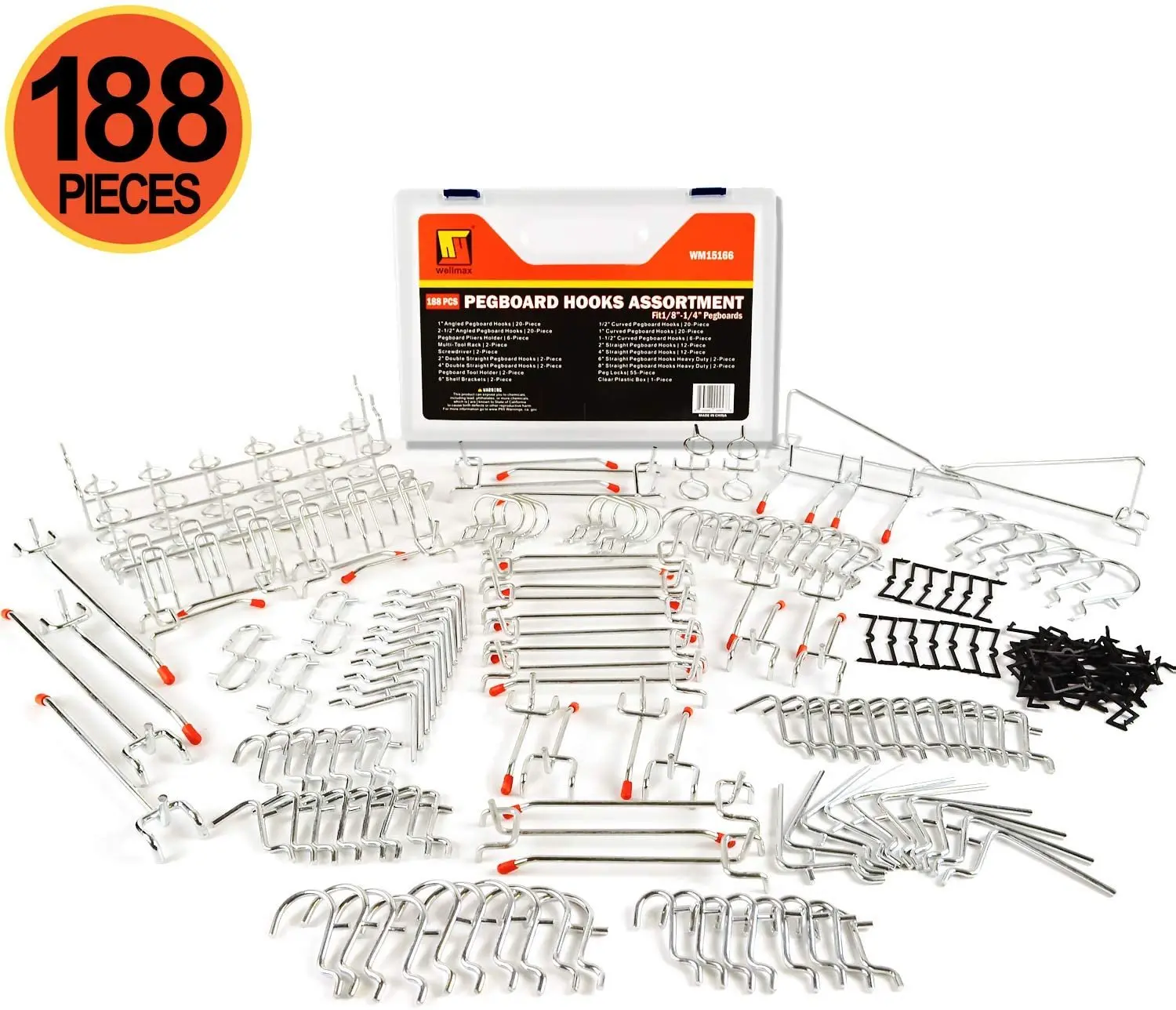 Wellmax 188-Piece Pegboard Hooks Assortment - Garage Tool Storage Organizer, 60 Color-Coded S Hooks, Assorted Sizes for 1/4 in & 1/8 in Peg Holes, Workshop & DIY Projects Use