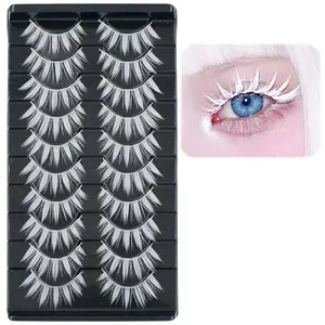 AUGENLI False lashes White 10 Pairs Manga Lashes Anime Cosplay Lashes Spiky Manga Style Lashes Janpanese 16mm Extension Natural Manhua Doll Eye Lashes Halloween Makeup Look
