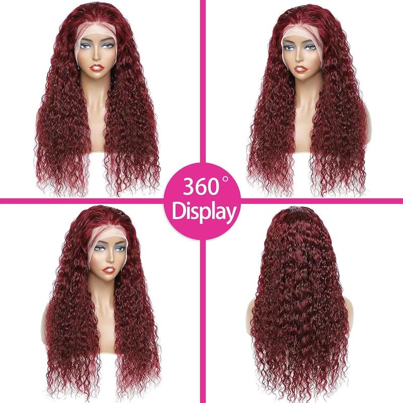 99j Burgundy 13x6 Deep Wave Lace Front Wigs Human Hair  HD Transparent Lace Front Wigs Human Hair for Women 180 Density Pre Plucked Wet And Wavy Red Colored Deep Curly Lace Frontal Wig