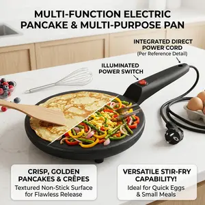 Multi-Function Pancake Maker, Non-Stick Crepe Maker & Crepe Machine - Non-Stick Heating Plate with LED Indicator Light, Easy to Clean, Compact Home Breakfast Machine