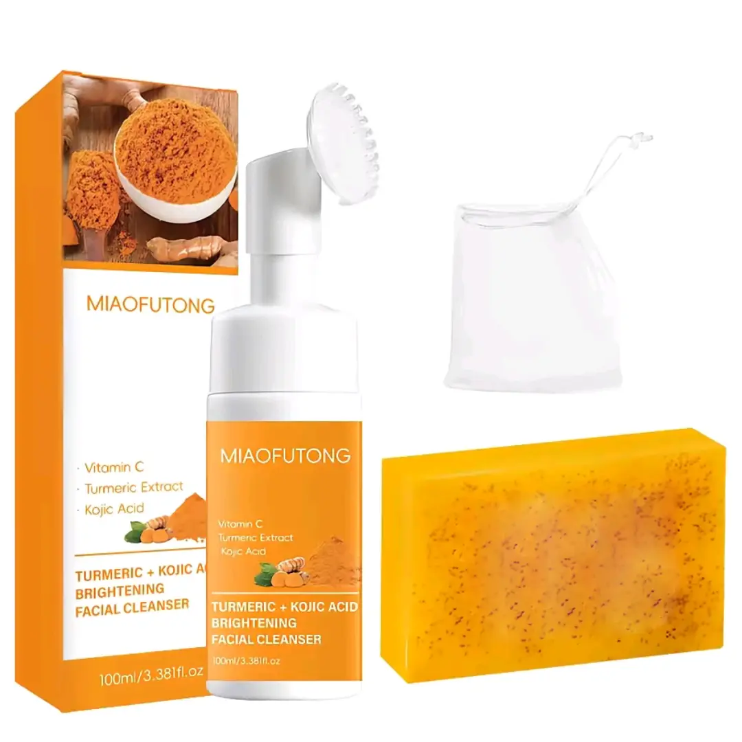 Mild 2-Piece Turmeric Face Care Set - Foam Cleansing Mousse, Kojic Acid Soap, Gentle Plant Daily Summer Cleanser, Clears Daily Residue with Soft Touch, Leaves Skin Soft, Smooth, and Fresh, Facial Care Products for Gifting
