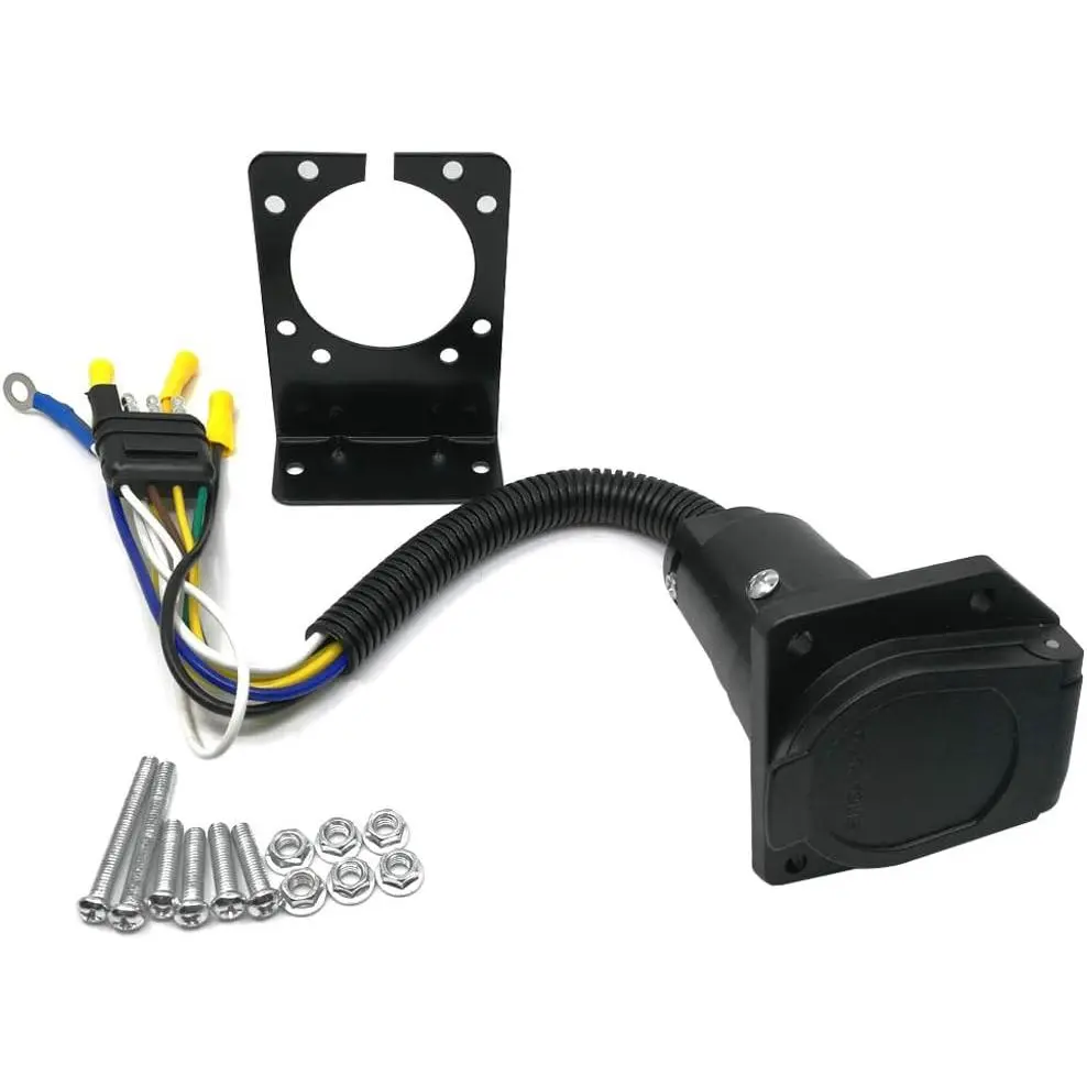 4-Way Flat Plug to 7-Way RV Blade Trailer Electrical Connector Adapter for RV Users, with Mounting Bracket, Universal Socket, 4-Pin Compatibility, 4x14 Gauge Wires, 6-24V Range, 4x18 Gauge Leads, PC Plastic Construction for Tow Connection