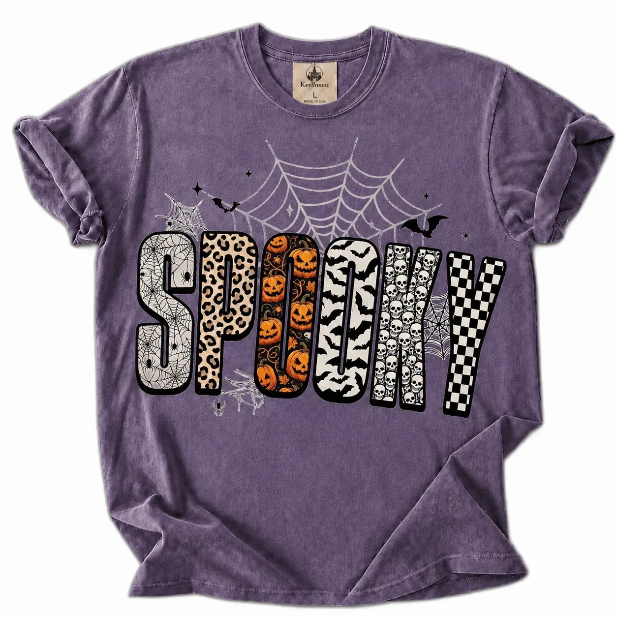 Comfort Colors Retro Halloween Spooky Shirt, Personalized Pumpkin Skeleton Bat Halloween Leopard Checkered Fall, Spooky Shirt, Halloween Girly Tee, Fall Shirt