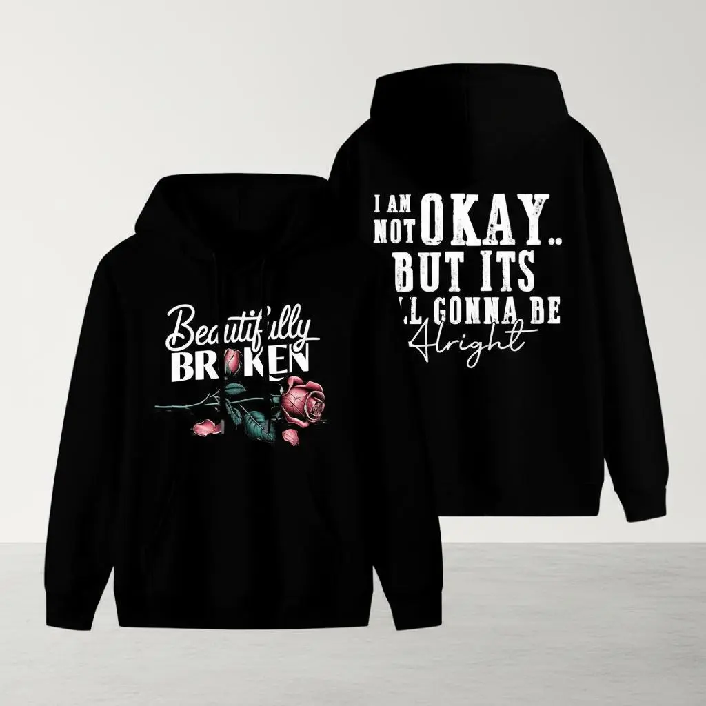 Unisex Long Sleeve Fleece Pullover Hoodie - Beautifully Broken Graphic, Country Theme Sweatshirt, Casual Sports Outerwear for Daily Wear, Graphic Hoodies for Women