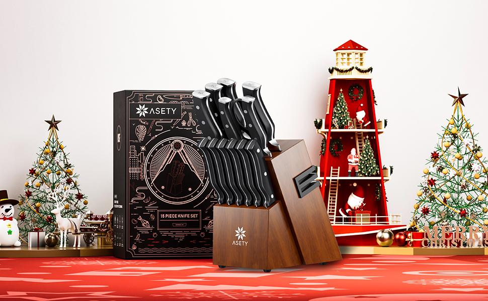 ASETY 15 PCS Kitchen Knives Set with Block NSF Built-in cooking Knife Sharpener Block German Stainless Steel Knife Block Set Full Tang professional Chef Knife Set Food sharp steak knife Meat Boning set for men's box gift Wooden Block Handles Holder