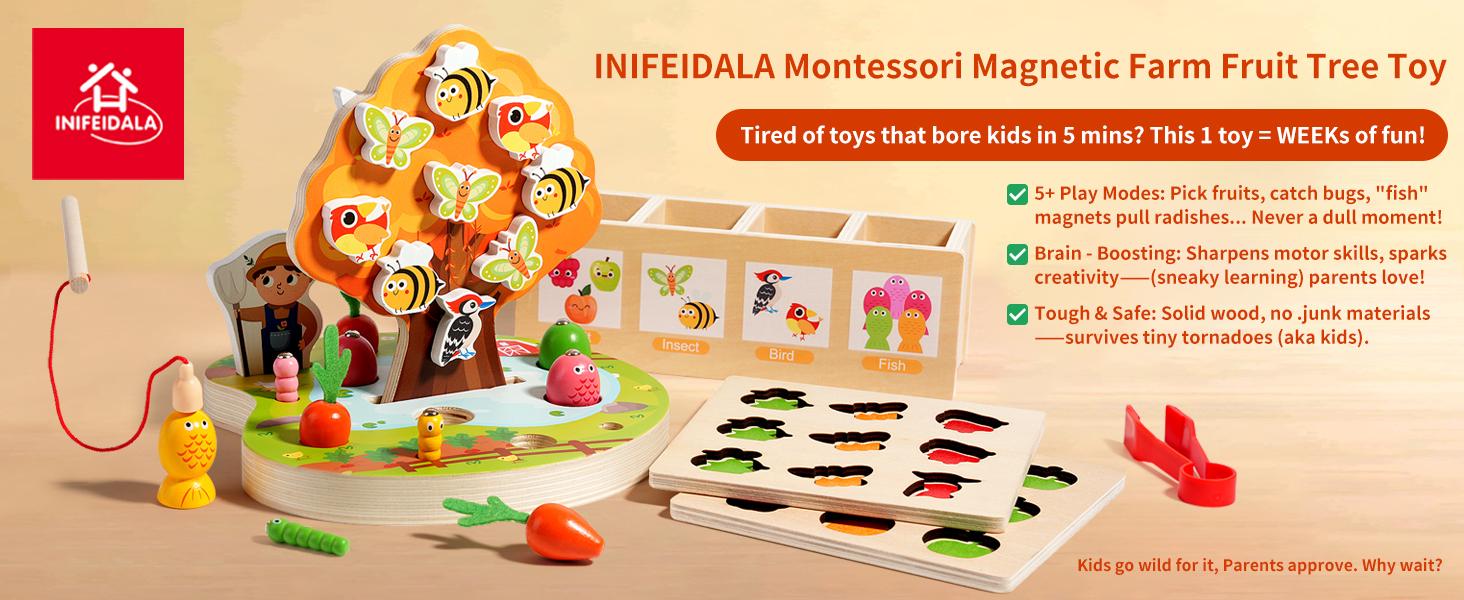 INIFEIDALA Wooden Montessori Educational Toys for 3-5 Year Olds, Shape Sorter with Carrot Harvest & Magnetic Fishing Games, Fine Motor Skills Development Birthday Gifts for Boys & Girls