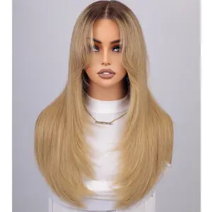 Jessie's Wig [Winly] T4/27 Straight Layer 13x5/7x5 Pre Cut Lace Wig With Curtain Bangs Human Hair Glueless Wig