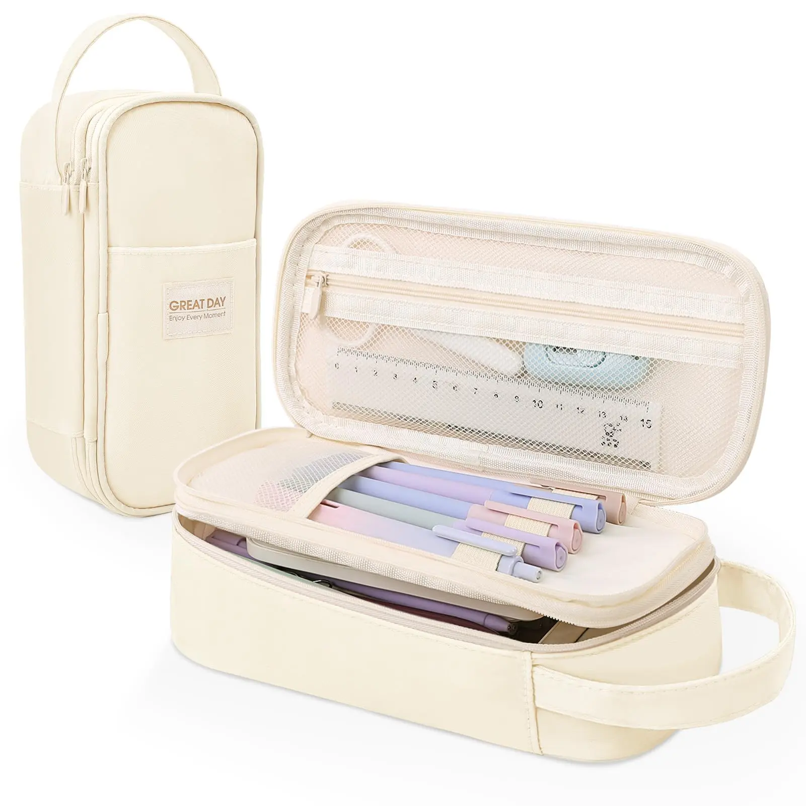 SKYDUE Large Capacity Polyester Pencil Case - 9 x 3.3 x 4.3 Inches Multi-Layered Multi-Compartment Zipper Pouch, Easy to Carry for Back to School Shopping School & Office Stationery
