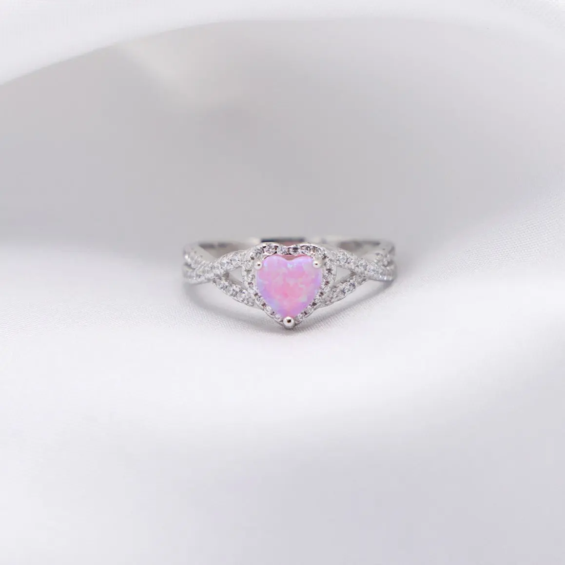 Pink Lab Opal Heart Infinity Diamond Ring - 925 Silver