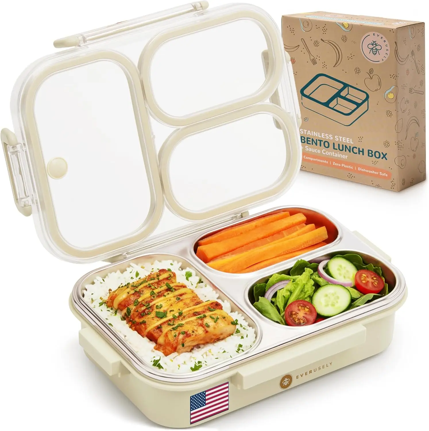 Everusely Stainless Steel Bento Box 25oz with Clear Lid, 3 Compartment Leakproof Metal Lunch Box for Adults, BPA Free Dishwasher Safe Snack Container for Office Travel and Picnic
