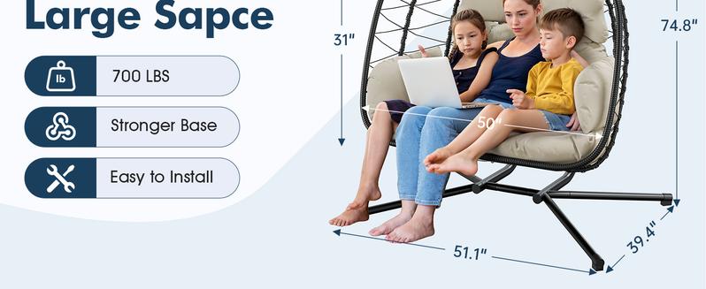 【Valentine's Day gift】Double Hanging Egg Chair with Cushion, 700lbs Capacity - Foldable Patio Chair with Handwoven PE Wicker & Rust-Proof Frame, for Garden, Porch, Backyard Soft Lounge Swing