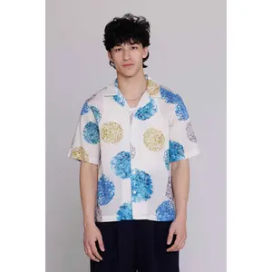 “Arnaz” Resort Shirt in Blue & Gold Watercolor Leaves Print