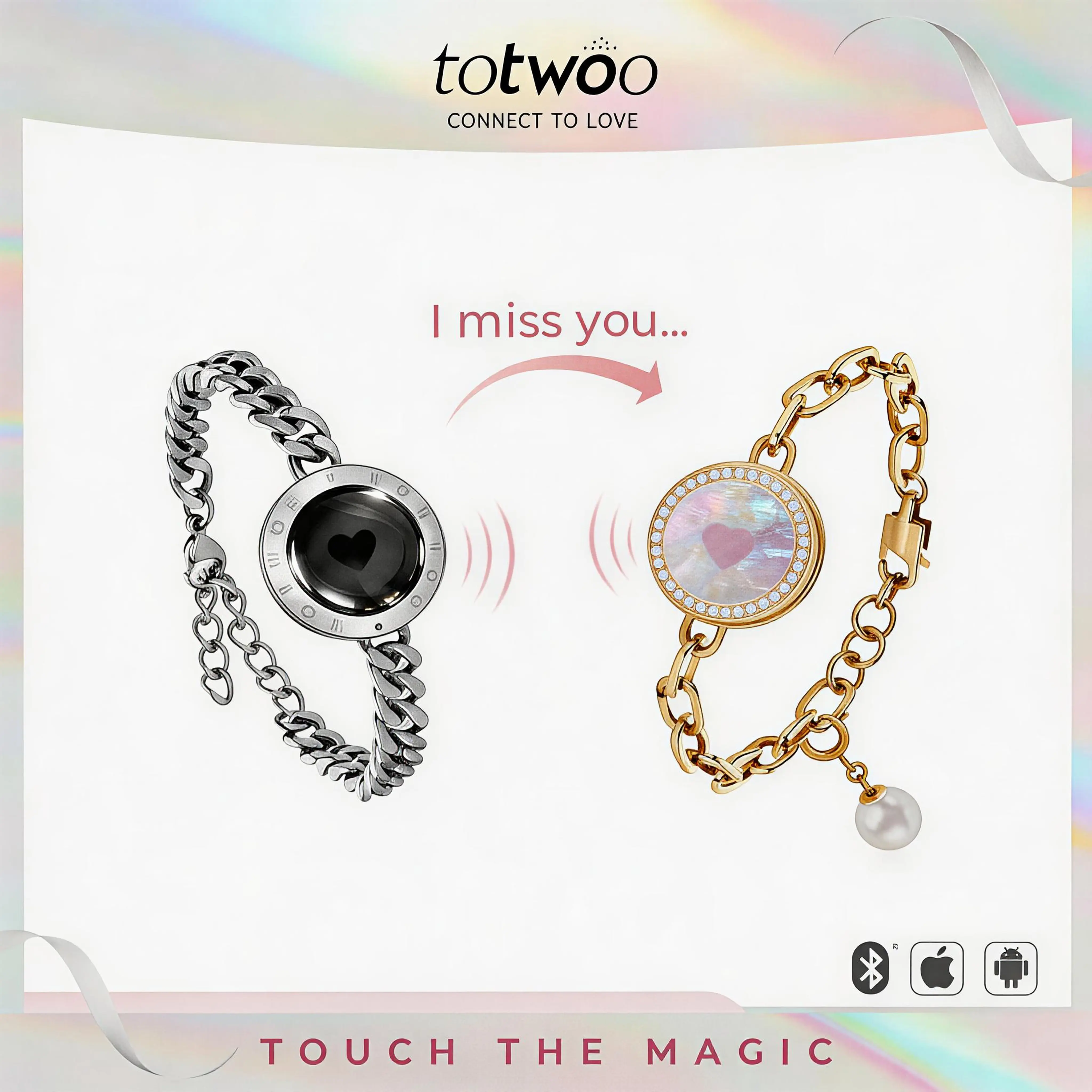TOTWOO Couples' Long Distance Touch Bracelets - Romance-Focused Women's Fashion Smart Jewelry, Light-Up, Vibration Features, 1-to-1 Bluetooth App Pairing, 400g, Black Obsidian, Lobster Claw Clasp, Romantic Gift for Girlfriend