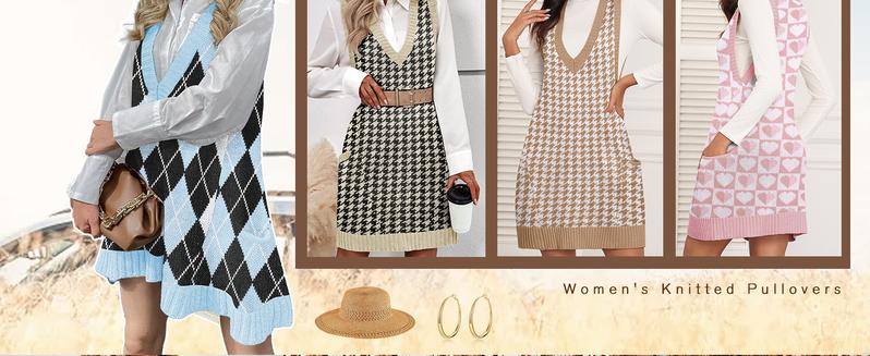 Women's Sleeveless V Neck Knit Sweater Vest Dress Casual Pullover with Side Pockets for Spring Basic Minimalist