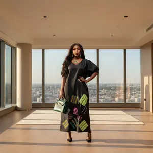 Elegant Micado Bubu Women's V-Neck Maxi Dress with Colorful Patchwork Design and Puff Sleeves