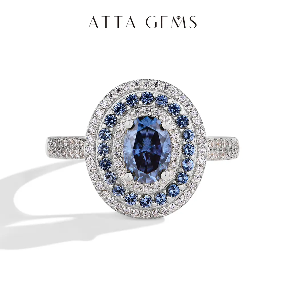 ATTAGEMS 1CT Blue Oval Lab-Created Moissanite Halo Ring for Women, Elegant High Setting Fine Engagement and Wedding Jewelry, Fine Moissanite Rings, High Setting Ring