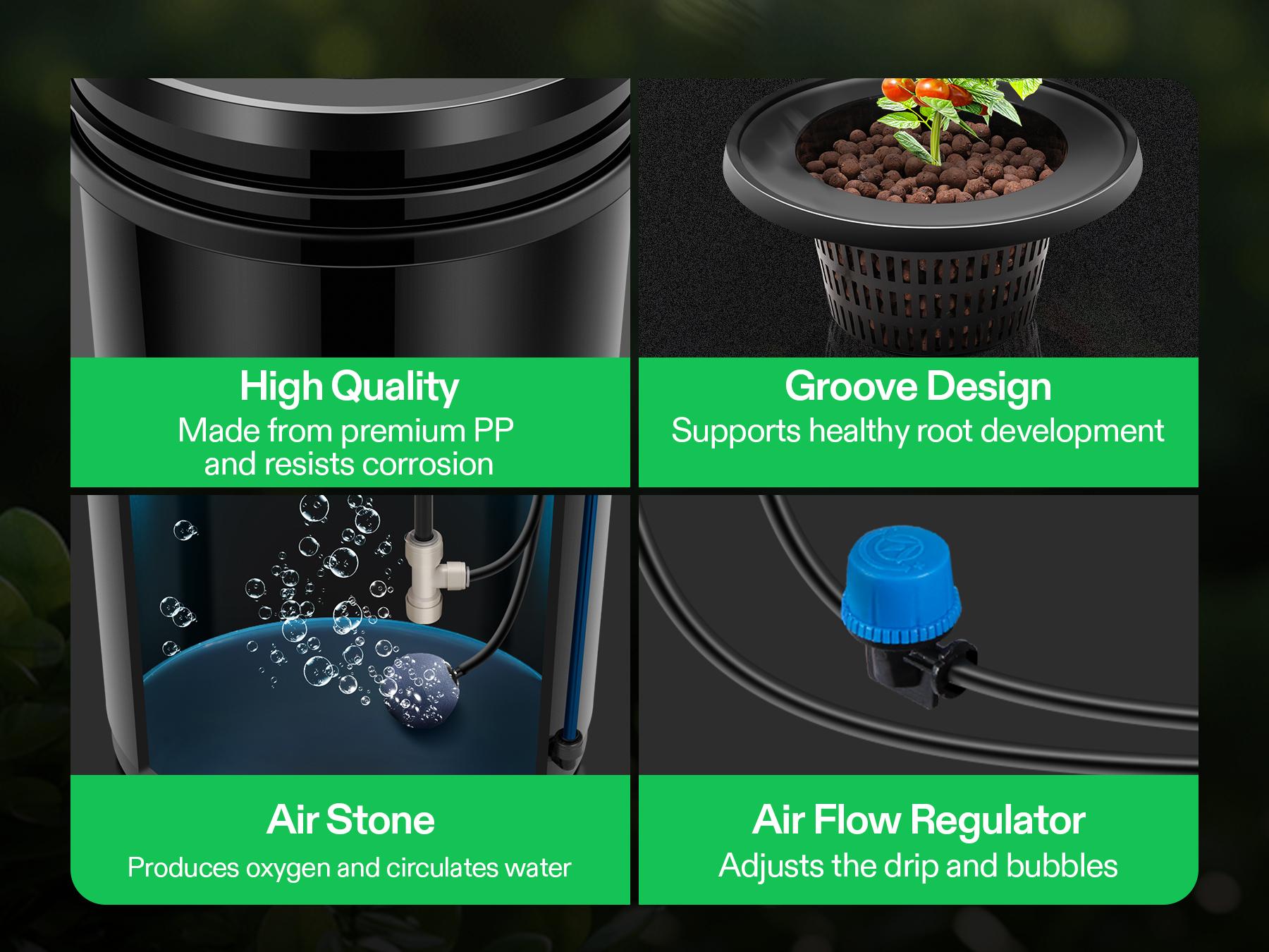 VIVOSUN DWC Hydroponics Grow System with Top Drip Kit, 5-Gallon Deep Water Culture, Recirculating Drip Garden System with Multi-Purpose Air Hose, Air Pump, and Air Stone (2 Buckets + Top Drip Kit)