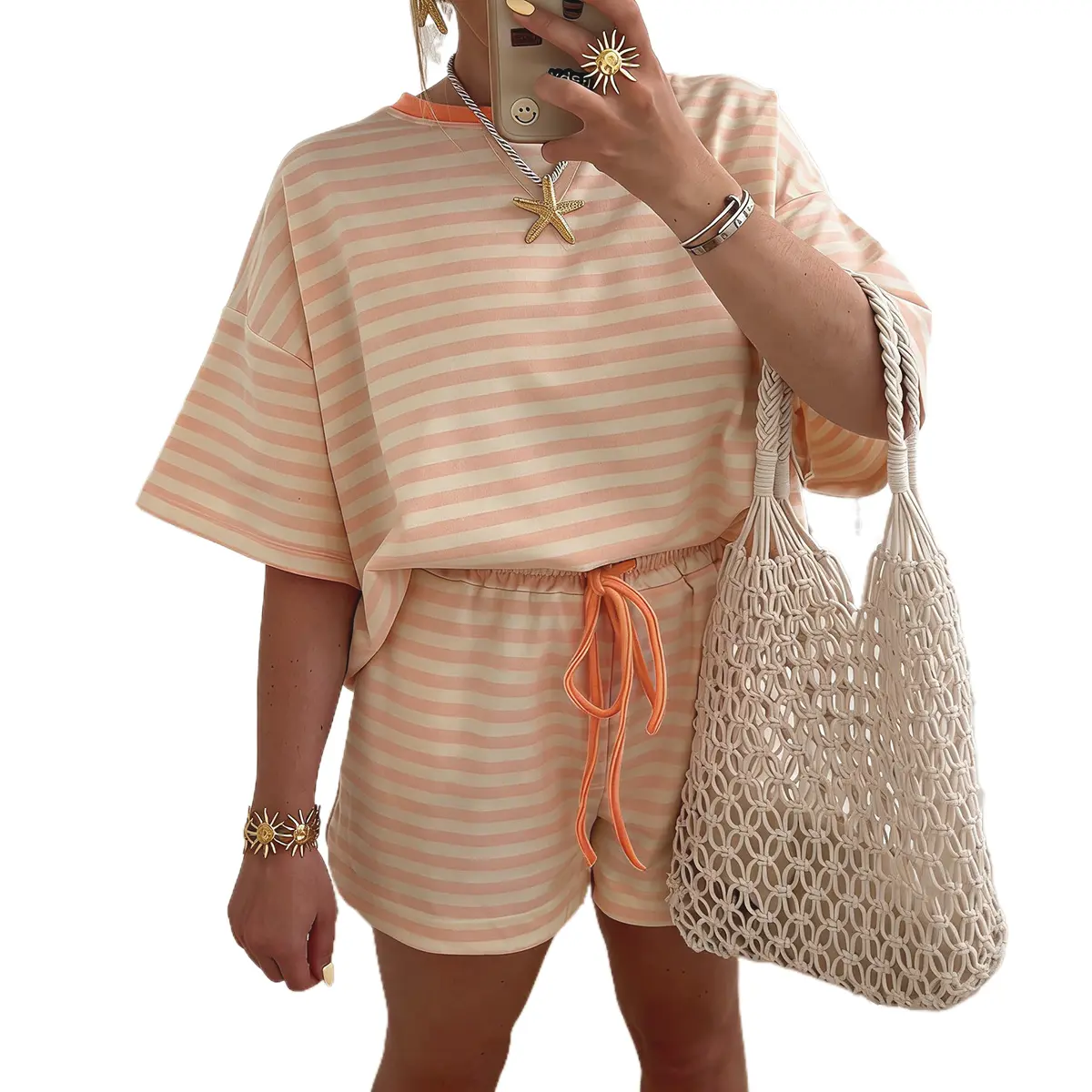 Mntaor Women's Striped Contrast Neck Loose Tee & Drawstring Shorts Set Relaxed Fit for Beach Days Summer Vacations & Casual Weekend Outfits - Clothes, Womenswear