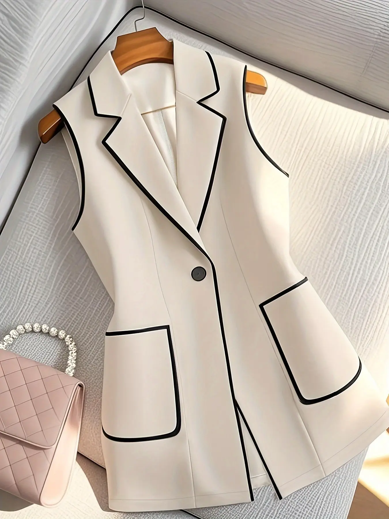 Elegant Colorblock Sleeveless Jacket for Women, Stylish Office Work Chic No-Sleeve Outerwear, Perfect for Casual and Formal Occasions, Business Attire Clothes, Spring, Womenswear