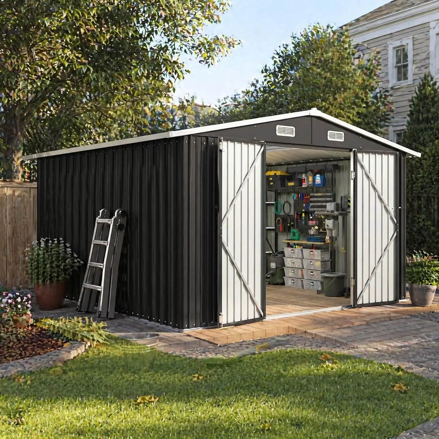 Aoxun Multi-Size Metal Outdoor Storage Shed (6x4/10x8/10x12/12x14) with Sloping Roof, Lockable Door, Shelf for Secure Patio-to-Backyard Garden Tool & Storage Organization, Secure Storage