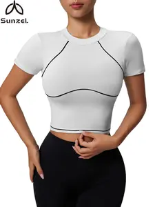Sunzel Short Sleeve Shirts for Women Going Out Tops Color Block Workout Shirt Fitted Yoga Sports Shirts for Gym Training
