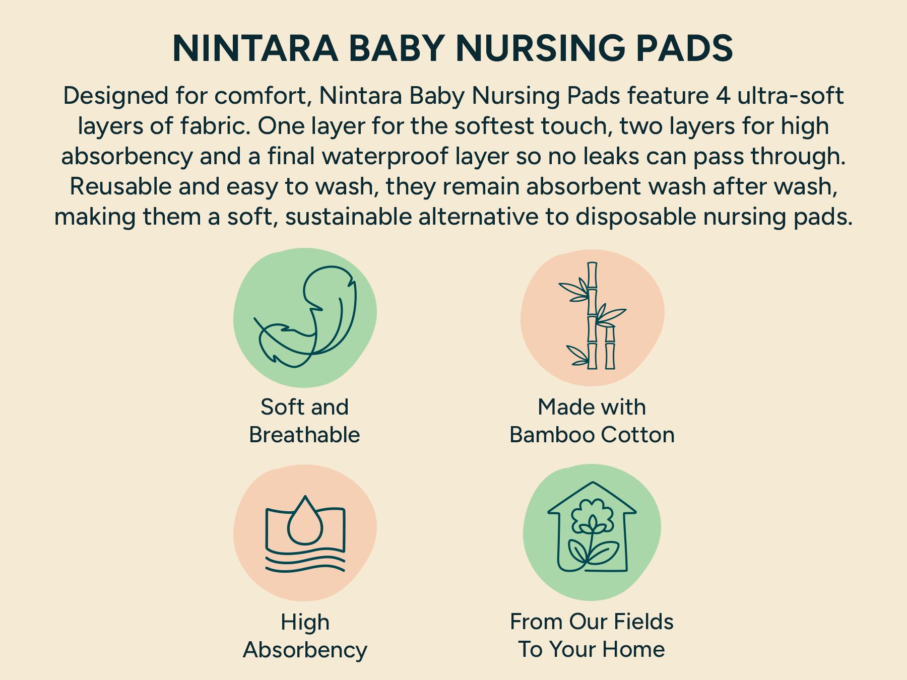 NintaraBaby Reusable Nursing Pads – 4-Layer Bamboo Cotton, Ultra-Soft, Absorbent & Leak-Proof, Contoured Comfort Fit, with Laundry Bag