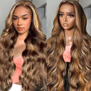 YESWIGS 12"-36" Available Body Wave Highlight 13X6 HD Transparent Lace Front Wigs Human Hair 4/27 Ombre Blonde Highlight 13X6 HD Lace Frontal Wig Human Hair Wear and Go Glueless Wig Human Hair Pre Plucked with Baby Hair 4X4 Hd Lace Closure Wigs