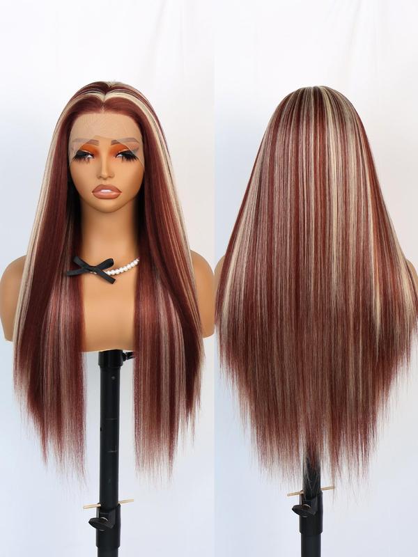 unique colorful highlight lace front syntheitc wig long red and blonde highlight glueless wig for women synthetic highlight lace front wig heat resistant fiber hair Glueless Half Wig