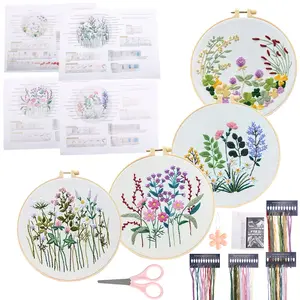 4 Sets Embroidery Kit for Beginners with Stamped Flower Pattern Starter Kits for Adults Hand Craft Lover with Embroidery Hoop Instructions and Threads