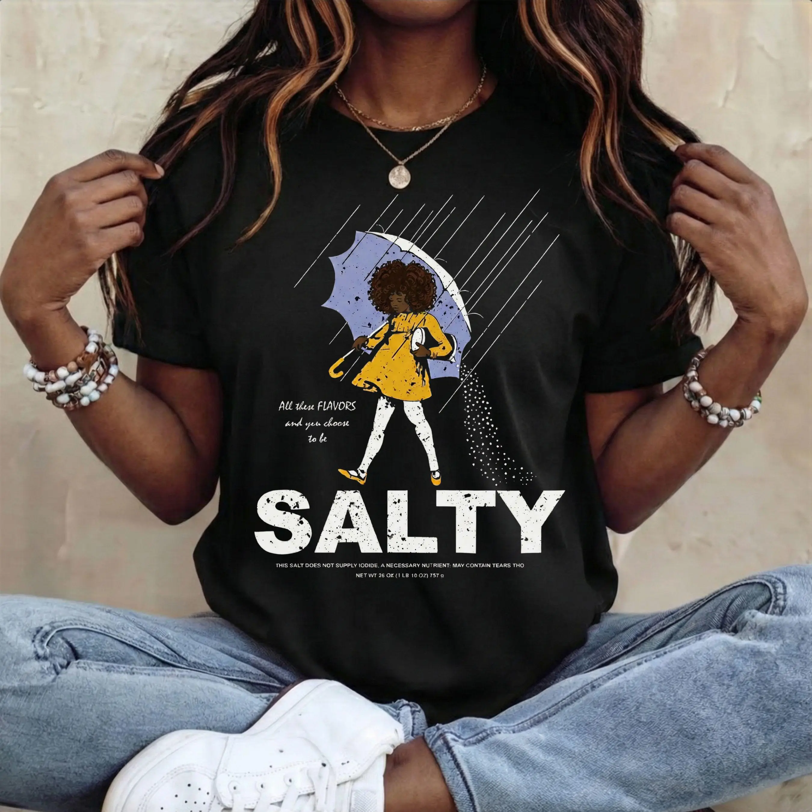 Vintage Graphic Crew Neck Tee For Black Women, Salty Girl With Umbrella Rainy Day Sarcastic Funny Short Sleeve Top, African American Themed Casual Black Tee, Novelty Gift For Black Ladies Daily Outfits