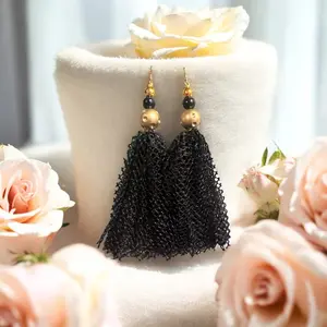 Gold/Black Fish Net Tassel Earrings