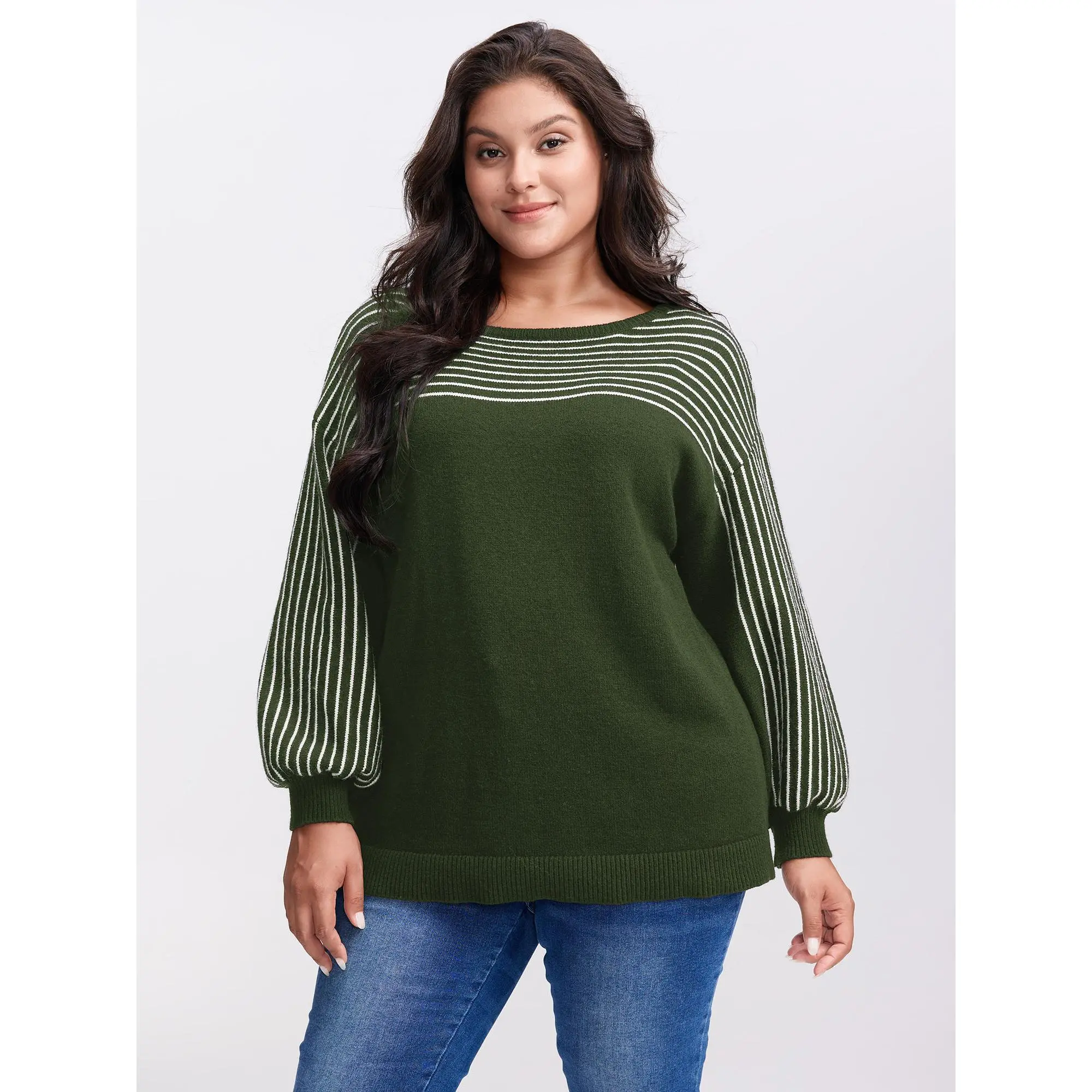 BloomChic Women's Plus Size Basic Knit Pullover Sweater - Army, Oversized Fit, Striped Colorblock Boat Neck Lantern Sleeve, Acrylic Blend Polyester Nylon, Soft Breathable Regular Length, Low Iron, Hand Wash Casual Everyday Top, Comfy, Knitwear
