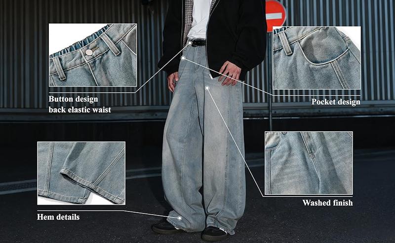 Baggy Hip Hop Jeans for Men Wide Leg Skater Denim Pants Casual Loose Fit Long Trousers