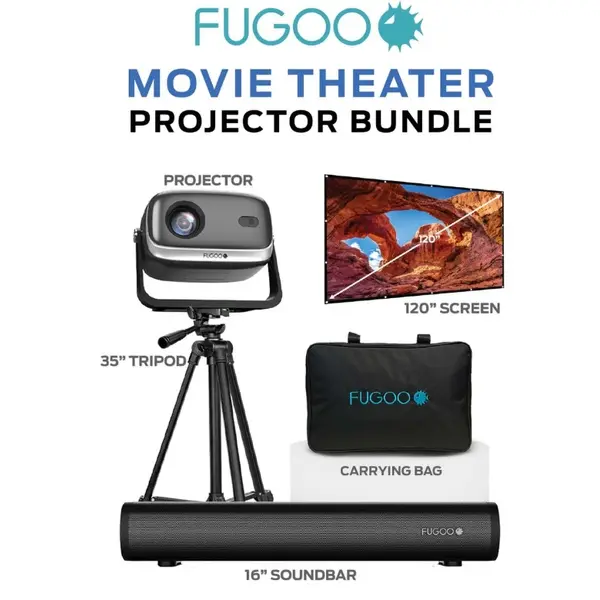Fugoo Foldable Full HD 1080p Outdoor Portable Projector Bundle - AuraCast, Wireless Bluetooth Soundbar, Adjustable Tripod, 120in Screen, Remote Control, Accessories Included, 250 Lumens, IPX4 Water-Resistant, Up to 10 Hours for Home Cinema Use