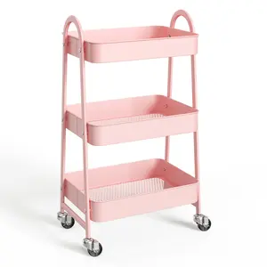 3 Tier Rolling Cart -Metal Utility Cart on Lockable Caster Wheels, Mobile Storage Shelves Organizer Cart
