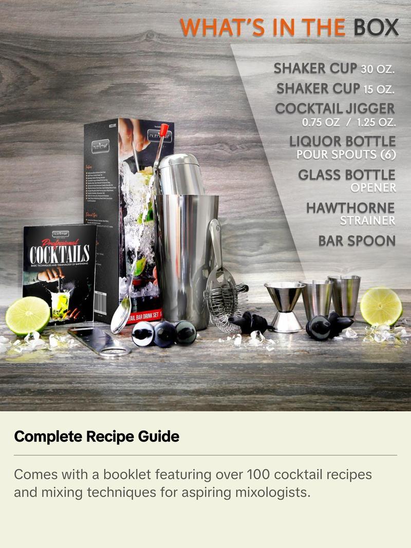 15 Pcs Bartender Set - Drink Mixer with Essential Bar Accessory Tools with Cocktail Shaker Stainless Steel Utensils Reusable