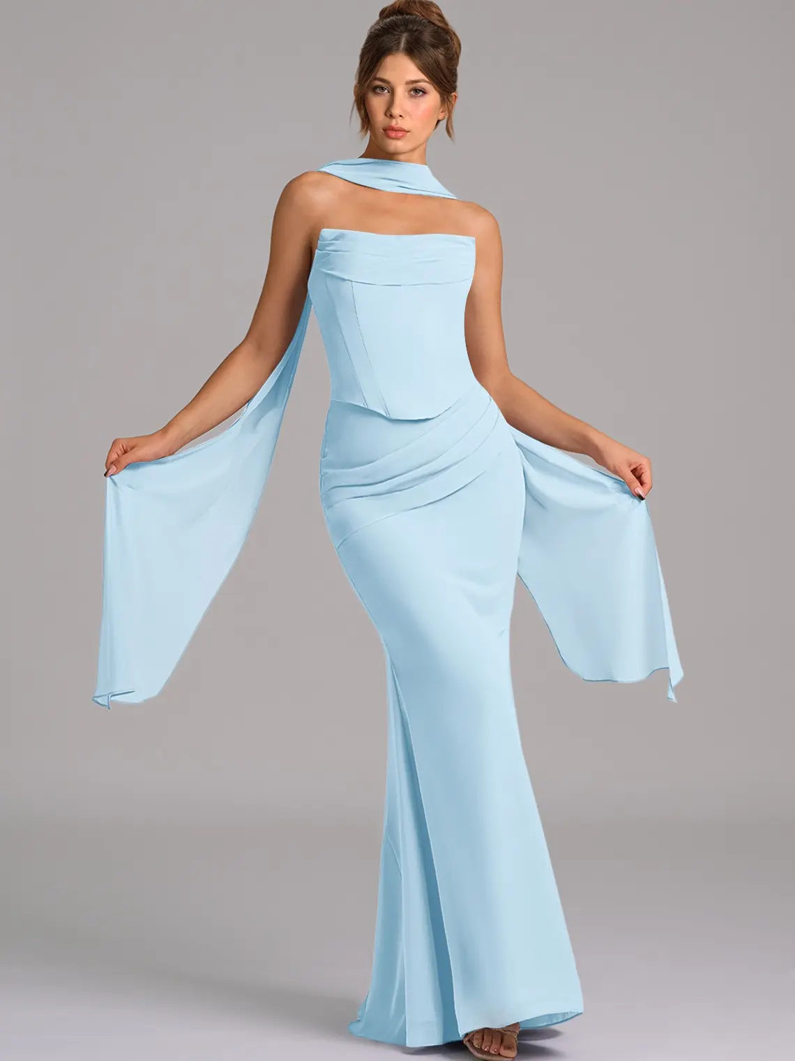 Azazie Sorrel Bridesmaid Dress Corset Back Mermaid Chiffon Floor Length Wedding Guest Dress, Chic, Scarf