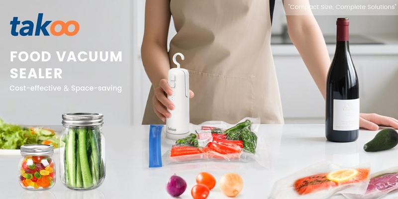 TAKOO Cordless Handheld Vacuum Sealer Kit, 3-in-1 Food Saver for Bags, Mason Jars & Wine Bottles, Seals Snacks & Inflates Balls, with Bonus Reusable Bags