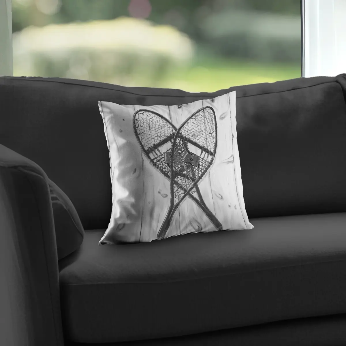 Begin Home Decor C1PT1414UZWV42 14 x 14 in. Vintage Monochrome Wood Snowshoes - Rustic Black Throw Pillow