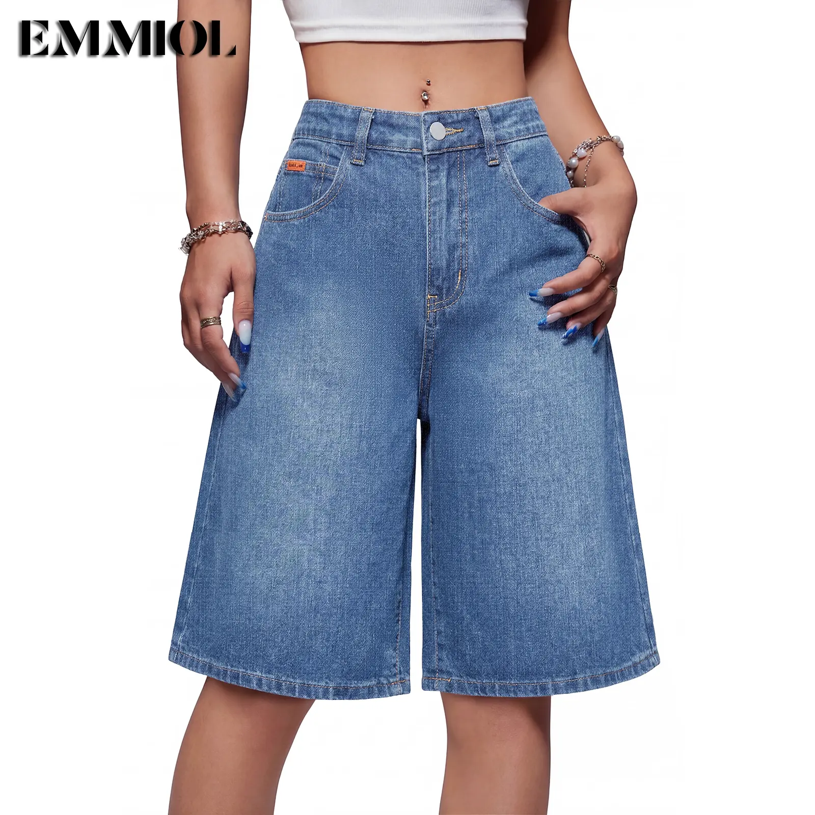 EMMIOL【Back to School】Baggy Capris Jorts for Women Wide Leg Denim Shorts Y2k Mid Rise Bermuda Streetwear Boyfriend Jean Shorts with Pockets Summer Vibes