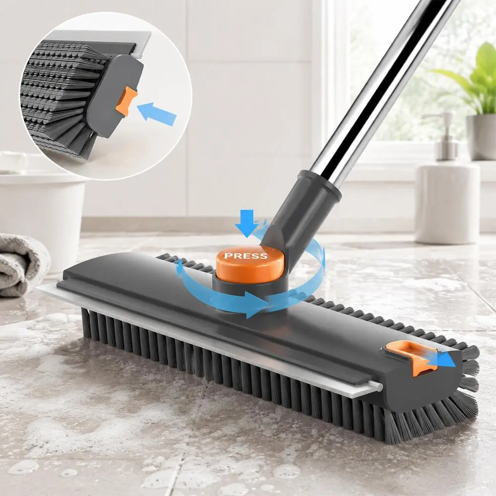 Expandable Long Handheld 3-in-1 Floor Scrubber Brush Complete Hard Scrape Blade Attachment, Commercial Grade Solid Stiff Bristles, Multi Spot Cleanser for Bathroom Pool Yard Garage Kitchen Wall Garden Terrace Grey-Orange Cleaning Broom