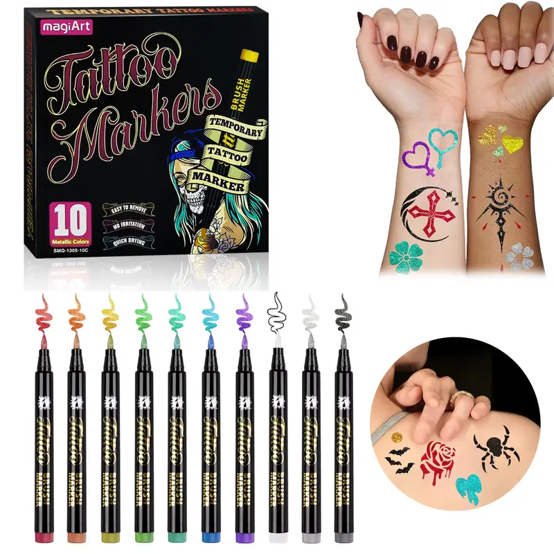 Body Art Tattoo Pen Dual Tip 10 Colors with GOLD SILVER Temporary Tattoo Markers Skin Pen Body Markers Skin Marker Face Paint Teen Girl Gifts Trendy Stuff Teenager and Adults