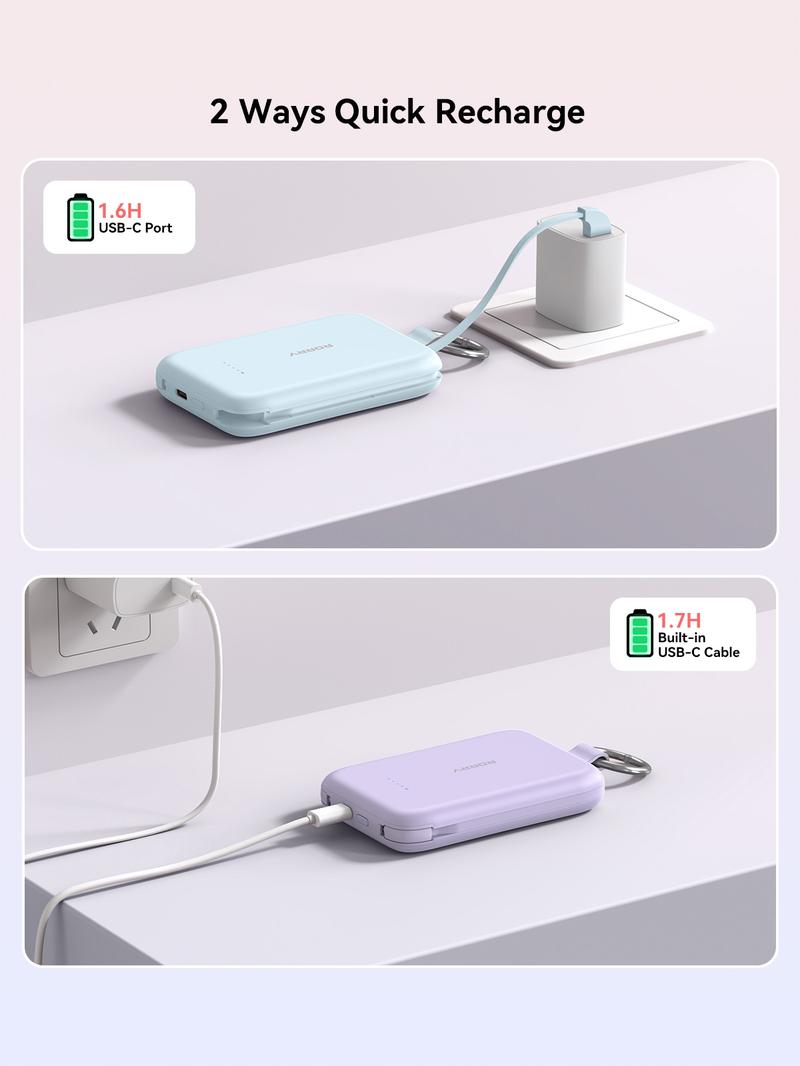 RORRY 10000mAh Portable Charger 30W Fast Charging Power Bank with Built-in Type-C & Lighting Cables Travel Keychain Battery Pack for iPhone 17-12 AirPods Android iPad Switch Lightweight Compact Multi Device Charging   valentinesdaygiftideas