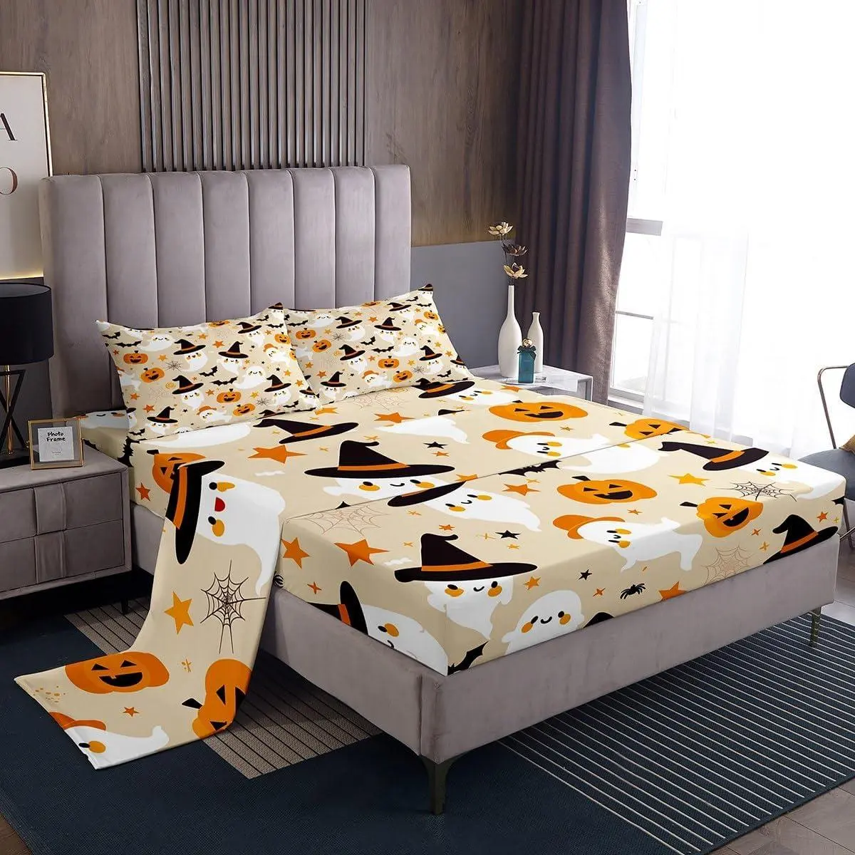 Feelyou Multi-Size Breathable Halloween Deep-Pocket Bedding Sheet Set - Beige Cartoon Prints, Pumpkin Theme, Ghosts & Bats Design, Set Includes Fitted Sheet & Matching Linens for Bedroom Holiday Decor