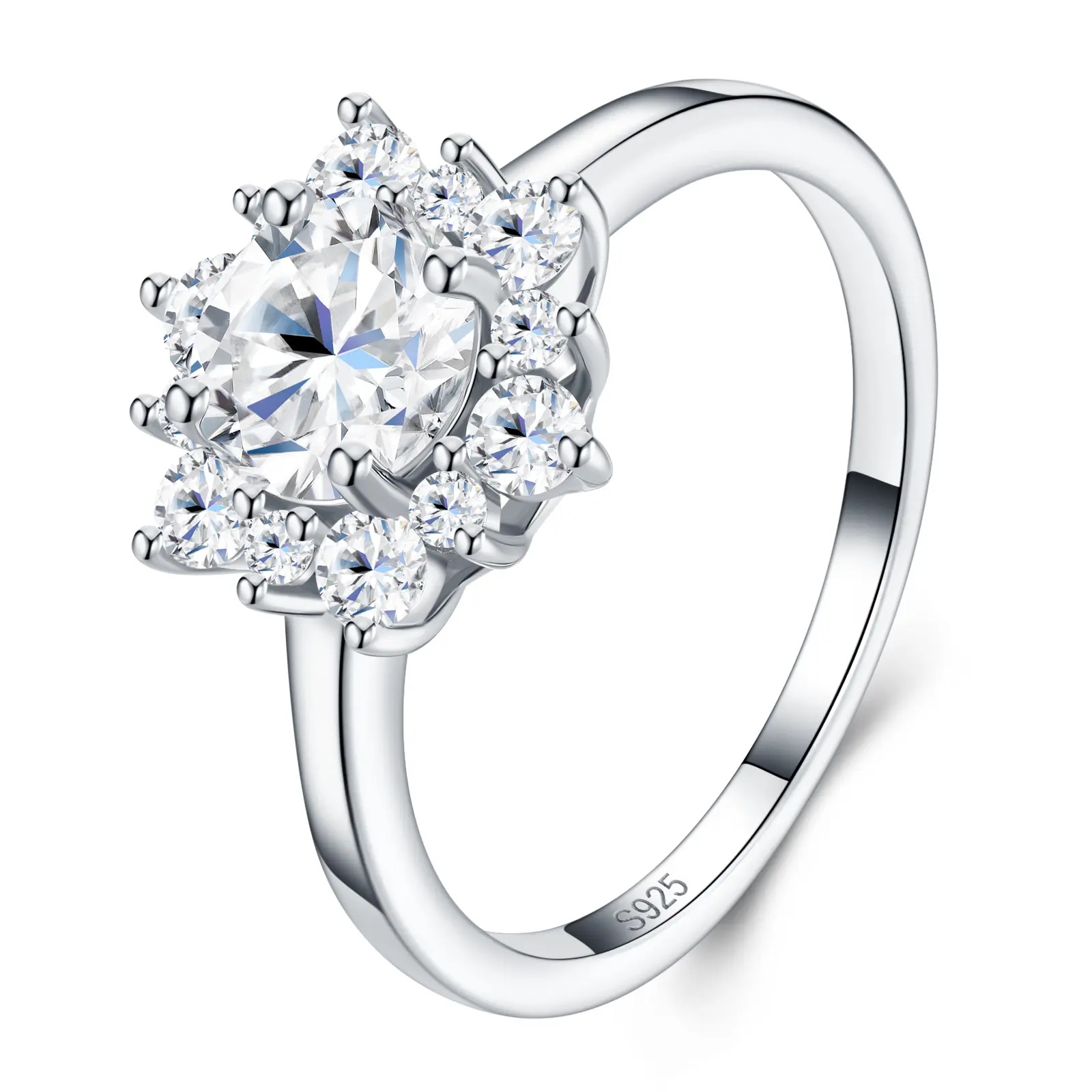 Women's S925 Sterling Silver Classic Round Moissanite Floral Cluster Ring - Sunburst Halo Prong Setting, Polished Band, Gift for Wedding, Engagement