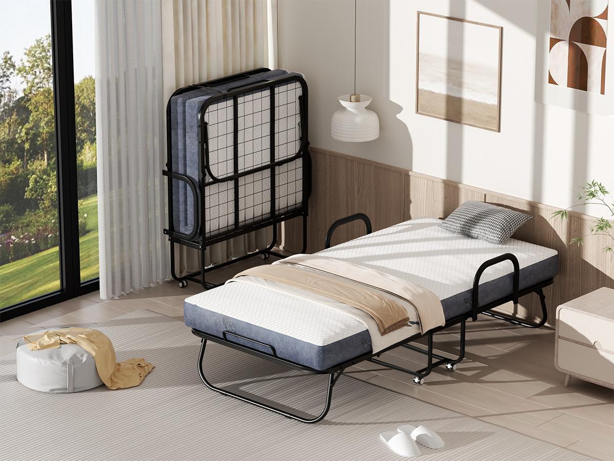 Folding Bed with Mattress, Twin Size Bed Frame, Portable Roll Away Bed with Memory Foam Mattress for Adults, Single Bed with 2 Armrests, 4 Wheels, Bed Side Pocket and Dust Cover