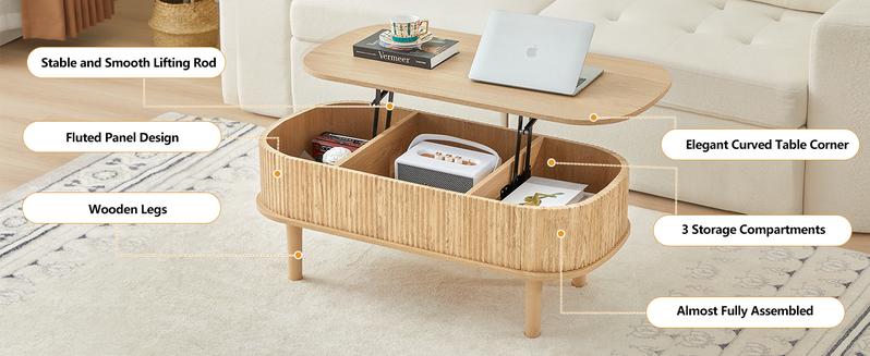 Giratree Fully Assembled Wooden Center Table, Fluted Lift Top Coffee Table with Hidden Compartment, Modern Oval Lift Tabletop for Home Living Room Office